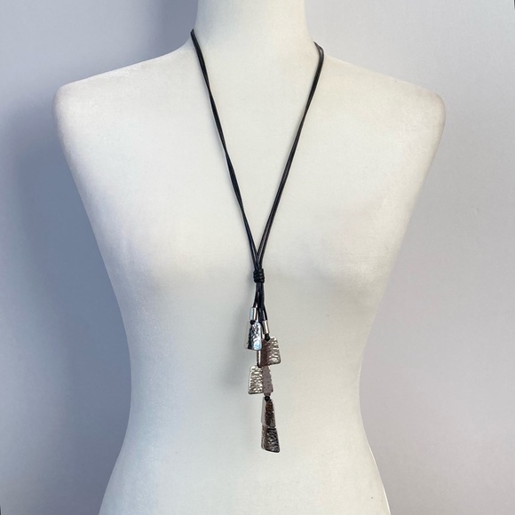 Chico’s Hammered Silver Long Necklace Black Cord - Picture 5 of 9